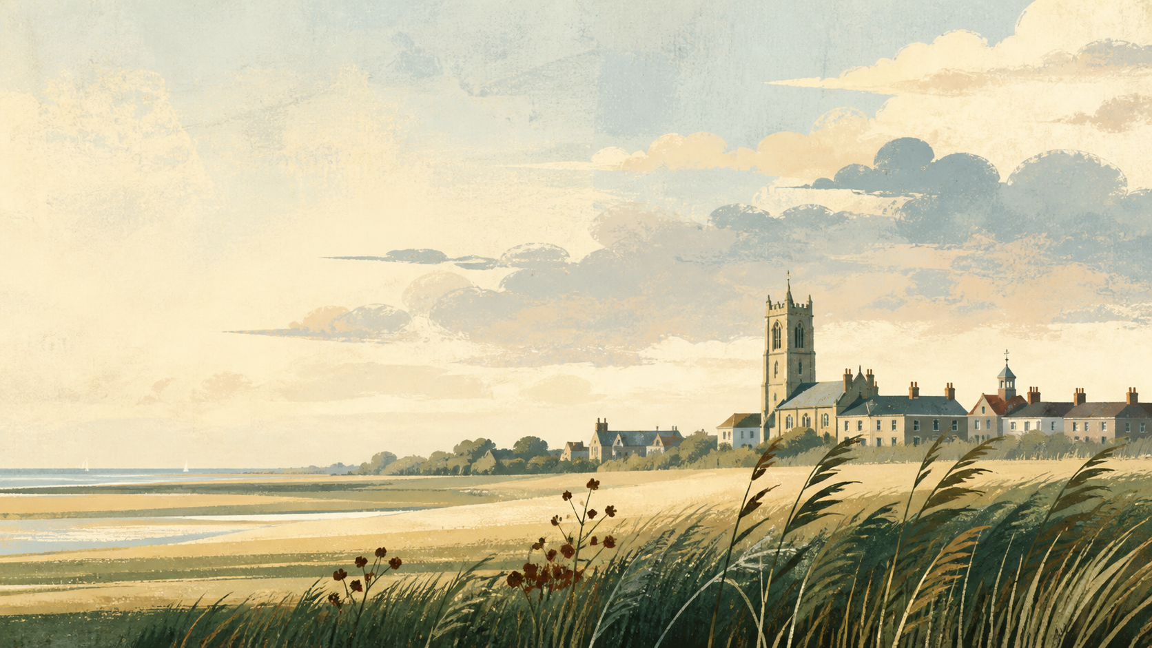 An original illustration of a Norfolk coastal town beneath a broad sky